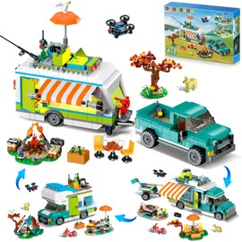 HOGOKIDS Camper Van Building Set with LED Light - 3-in-1 Holiday RV Camper Building Toy for Kids 879PCS with Tent BBQ Grill Vehicles Friends Creative Adventure Camp Gift for Boys Girls 6-12 Years Old