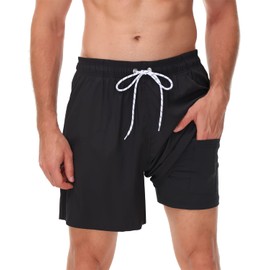 Seisocho Mens Swim Trunks with Compression liner Swim Shorts Bathing Suits Swimwear zipper pockets,Black,X-Large