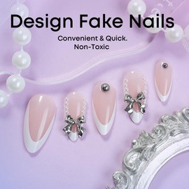 24 Pcs Spring Press on Nails Short Almond,YIHONGYAN 3D Pearl Cute Bow Design Fake Nails Press ons Pink French Nail Tip Acrylic Kit Glue on Nails Full Cover False Nails Glossy Stick on Nails for Woman
