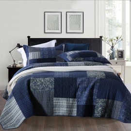 Brindille Queen Size Quilt - 100% Cotton Bedding Set (90 * 98 Inch) with 2 Pillow Shams, Patchwork Reversible Lightweight Bedspread, Quilted Coverlet Fit All-Season
