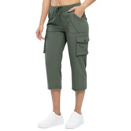 TBMPOY Womens Cargo Capris Hiking Lightweight Pants 6 Pockets Quick Dry Casual Outdoor Trip Loose Shorts Cropped Cotton Army Green L