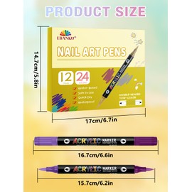 EBANKU 24 Color Nail Art Pens Set 3D Acrylic Paint Nail Art Quick-Drying Nail Point Dotting Liner Pen Sets for Home & Salon Nail DIY, 12 Count Double Headed Nail Pens