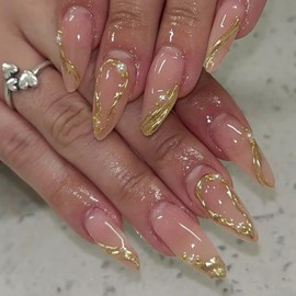 24Pcs Almond Press on Nails Medium Length Gold French Tip Fake Nails with Pearl Designs Glue on Nails 3D French Lines False Nails Nude Acrylic Nails Gold Irregular Lines Stick on Nails for Women