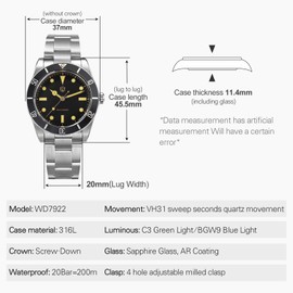 watchdives Quartz Watches, WD7922 BB54 Mens Watch 37mm Sapphire Crystal Luxury Wrist Watch 20Bar Diver Watches for Men (Black Yellow)