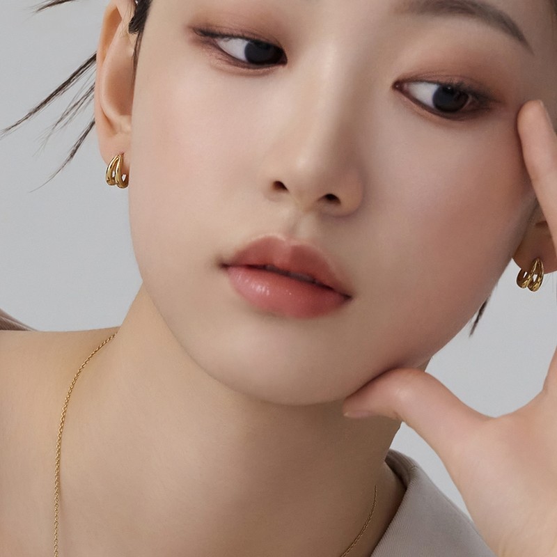 Gold&Deer 14K Goldfield Simple Two-Ring Two-Line One-Touch Earrings Rose Gold