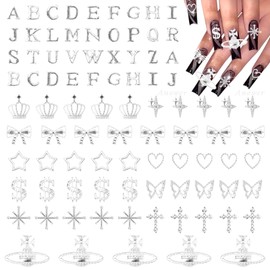 150 Pcs Silver Nail Charms Kit, 52 Pcs A-Z English Letter Charms for Nails Design Y2K Alphabet Crown Cross Planet Dollar Butterfly Silver Junk Case Kit for Nail Art DIY Design