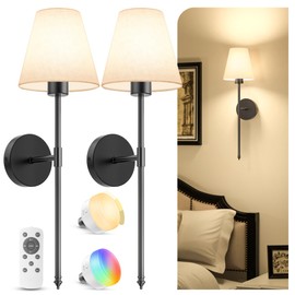 VOLISUN Battery Operated Wall Sconces Set of Two, Wireless Wall Sconces with Remote and Dimmable Bulbs, 9 Colors Battery Powered Wall Lights, Rechargeable Wall Lamps for Bedroom Living Room(Black)
