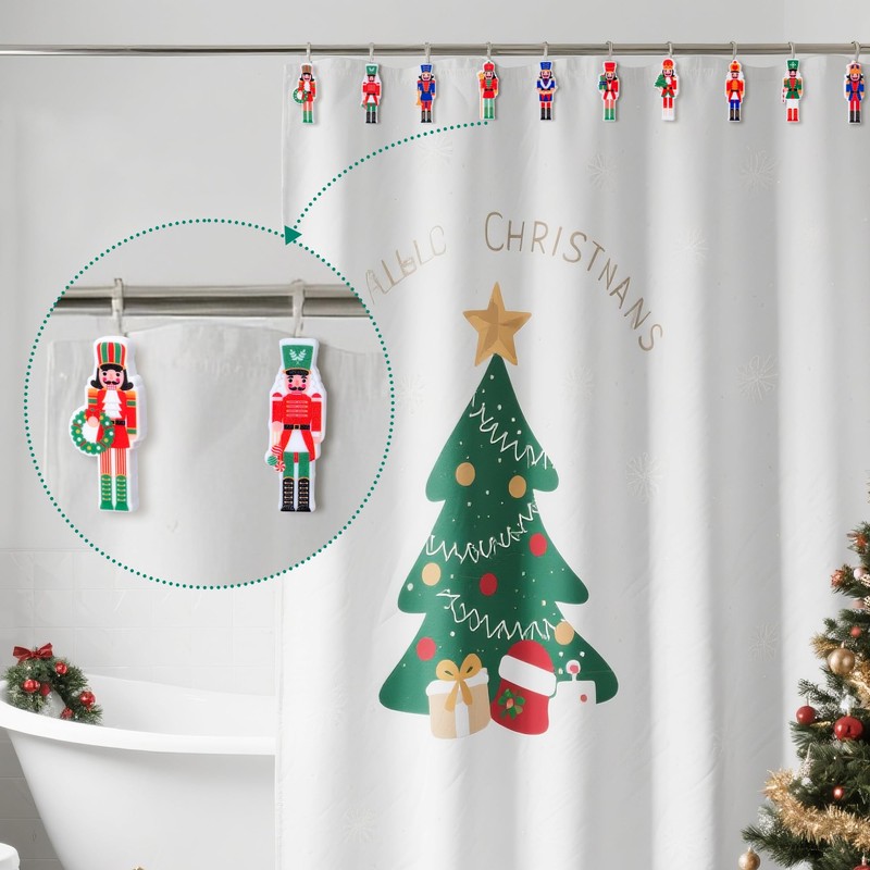 MALLMALL6 Christmas Shower Curtain Hooks - 12Pcs Xmas Nutcracker Decorative