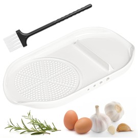 Luvan Garlic Grater Plate, 4 in 1 Ceramic Egg Cracker, Spoon Rest, Herb Stripper Bowl for Kitchen, Porcelain Garlic Ginger Grater with Brush & Silicone Pad for Grinding Wasabi, Ginger, Garlic, Cheese