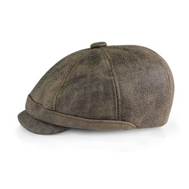 YAMEE Vintage Newsboy Hat Leather Flat Cap Octagonal Hat Distressed Painter's hat (UK, Alpha, One Size, Black Coffee)