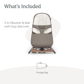 UPPAbaby Mira Bouncer/Portable 2-in-1 Bouncer + Seat Grows with Your Baby/GREENGuard® Gold, JPMA + FSC® Certified/Cozy Seat Liner + Storage Bag Included/Wells (Taupe Mélange/Black Chrome/Walnut Wood)
