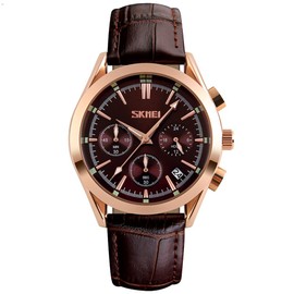 SKMEI Men Watches Leather Band Luxury Waterproof Fashion Dress Casual Business Analog Quartz Chronograph Father Gifts Brown Wrist Watch