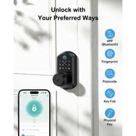Keyless Entry Smart Door Lock with Knob, Anyfirm Keypad Digital Lock with Handle, App Unlock, Electronic Knob with Fingerprint/Fobs/Code, Auto-Lock for New Home