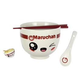 Seven Times Six Maruchan Ramen Kawaii Face Instant Lunch 4 Piece Noodle Ramen Bowl Set w Bowl, Spoon, Chopsticks, and Chopstick Holder