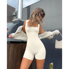 OQQ Women 2 Piece Rompers Yoga Stretch Strappy Square Neck Sleeveless Exercise Rompers Tea leaf Beige