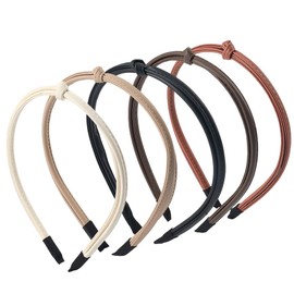 CALFOVERA 5PCS 5 Colors Skinny PU Leather Headband Durable Simple Non-Slip Knotted Hairband Cute Solid Elastic Headbands Hair Loop Clasp Hairbands for Women All Hair Types Daily Wear