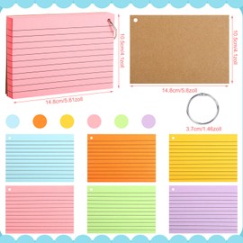 Pack of 300 Index Cards A6, 150 g/m² Index Cards Lined Vocabulary Cards Flashcards Colourful with 6 Binder Rings 12 Kraft Paper Cards for On the Go School Office Home (6 Colours)