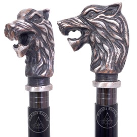 Vintage Walking Cane, Black Wood Stick with Antique Brass Wolf Head Handle, Decorative Walking Support