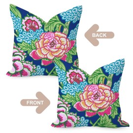 MangGou Colorful Chinoiserie Flower Farmhouse Throw Pillows Hot Pink Royal Blue Peony Floral White Linen Cushion Cover Chinoiserie Style Accent Pillow for Sofa Couch Car Chair 16x16in Set of 2