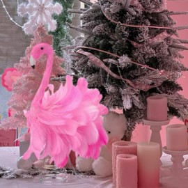 Pink Flamingo Christmas Tree Topper, Flamingo Tree Toppers with Fluffy Artificial Feathers, Christmas Home Holiday Ornament (Pink, 9.8" * 9.1" * 5")