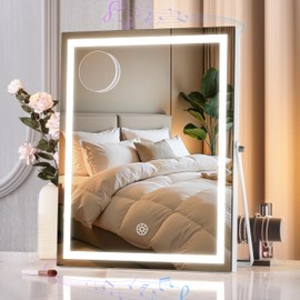 MINISO LED Makeup Mirror with Bluetooth Speaker, 10.6" x 13.8" Lighted Vanity Mirror, Light & Brightness Smart Sensor, Aluminum Alloy Metal White Frame, with 10X Magnifying Glass