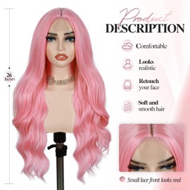 Fancy Hair Pink Long Wavy Wigs for Women Curly Middle Part Pink Wig Natural Looking Long Synthetic Wigs for Daily Party Use