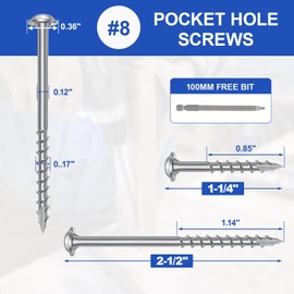 #8 Pocket Hole Screws 1-1/4 Inch, 640Pcs Coarse Thread Wood Screws, Square Drive, Washer Head, 4-Layer Coating, Drive Bit Included (Silver)