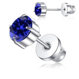 Titanium Stud Earrings for Women Men, Hypoallergenic Double Side 5A Cubic Zirconia Flat Back Earrings Birthstone Stud Jewelry 6mm (Sapphire/Sept. means Faith)