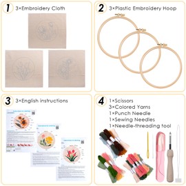 Punch Needle Kit for Adults,3 Sets Punch Needle Kits Beginner DIY Embroidery Starter Set with Tools for Home Decoration, Family, Friends Gifts(Flowers)