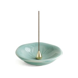 Dostende Incense Holder, Lotus Leaf Incense Stick Holder, Ceramic Incense Burner Tray with Brass Holder Korean Celadon Incense Burner