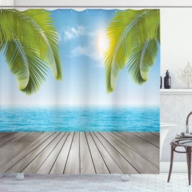 Ambesonne Playa Cortina de Baño, Orilla del mar con Palmeras, Paño Conjunto de Decoración de Baño de Tela y Ganchos, 70" Alto, Verde Gris Cyan