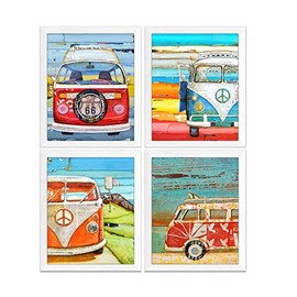 Antique Classic Vans Art Prints, Set of 4, Danny Phillips Fine Art, Mixed Media Collage Artwork, Coastal Wall Decor, 8x10 Inches