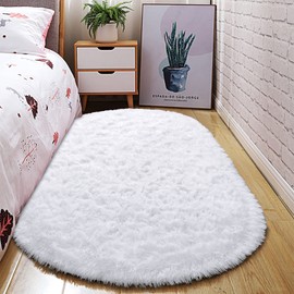 junovo Oval Fluffy Ultra Soft Area Rugs for Bedroom Plush Shaggy Carpet for Kids Room Bedside Nursery Mats, 2.6 x 5.3ft, White