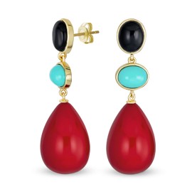 Unique Geometric Multiform Oval and 3-Tier Hanging Natural Gemstone Tri-Colour Blue Black Red Turquoise Tear Ball Party Earrings for Women in 14K Yellow Gold Plated, Brass, Compressed Turquoise