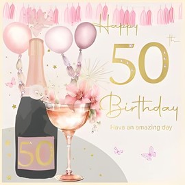 Female 50th Birthday Card for Her - Age 50 - Special Finishes and Embellishments - Feminine Floral Champagne Design - Made in the UK - Eco-Friendly