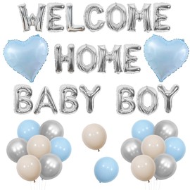 Jollyboom Welcome Home Baby Boy Decorations - Blue Silver Welcome Home Banner With Balloons for Boys Newborn Birthday Party or Baby Shower