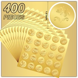 Matio 400PCS Embossed Gold Foil Stickers,1.5 In Wax Seal-Like Gold Stickers with 5 Patterns Self Adhesive Vintage Envelope Seals DIY Labels for Envelopes,Wedding Invitations,Greeting Cards,Party Favor