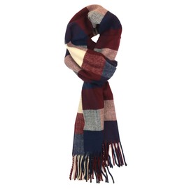 Plum Feathers Plaid Check and Solid Cashmere Feel Winter Scarf (Burgundy-Navy-Beige Check)