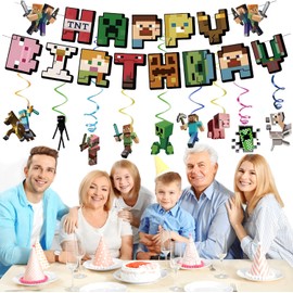 Pixel Birthday Decoration Boys Theme, Pixel Birthday Banner, Miner Game Streamers Hanging Swirls, Birthday Decoration Game Birthday Party Accessories for Fans Children Boys & Game Fan Gift, P-B