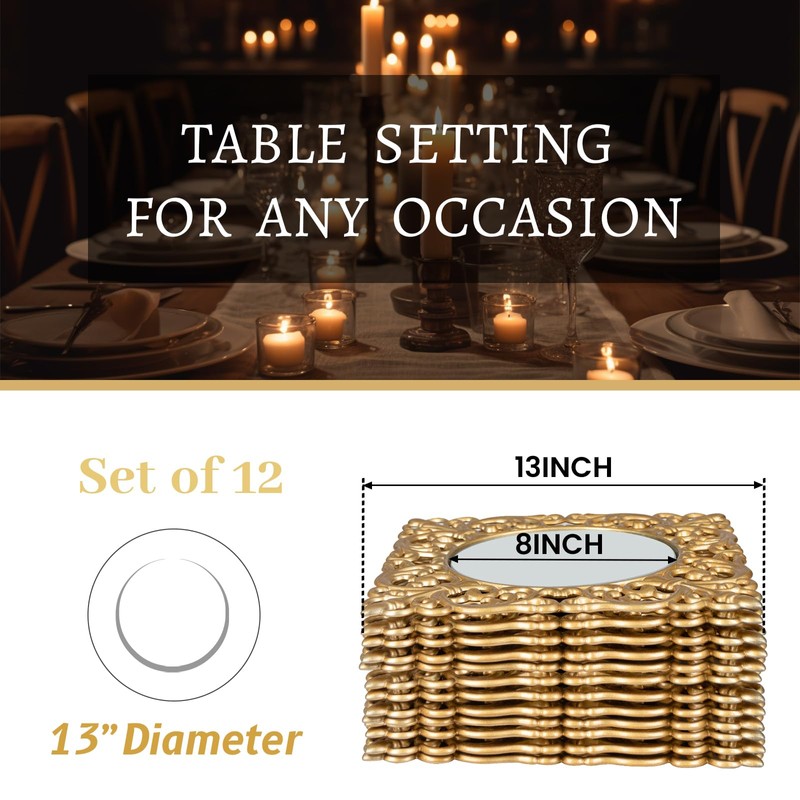 MAONAME 12" Gold Charger Plates Set of 12, Mirror Charger