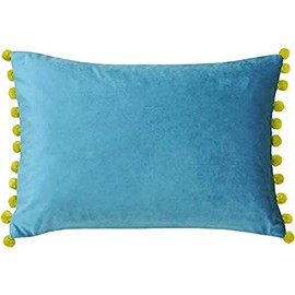 Paoletti Fiesta Teal Blue Velvet Pom Pom Rectangle Cushion Cover (35 x 50 cm)