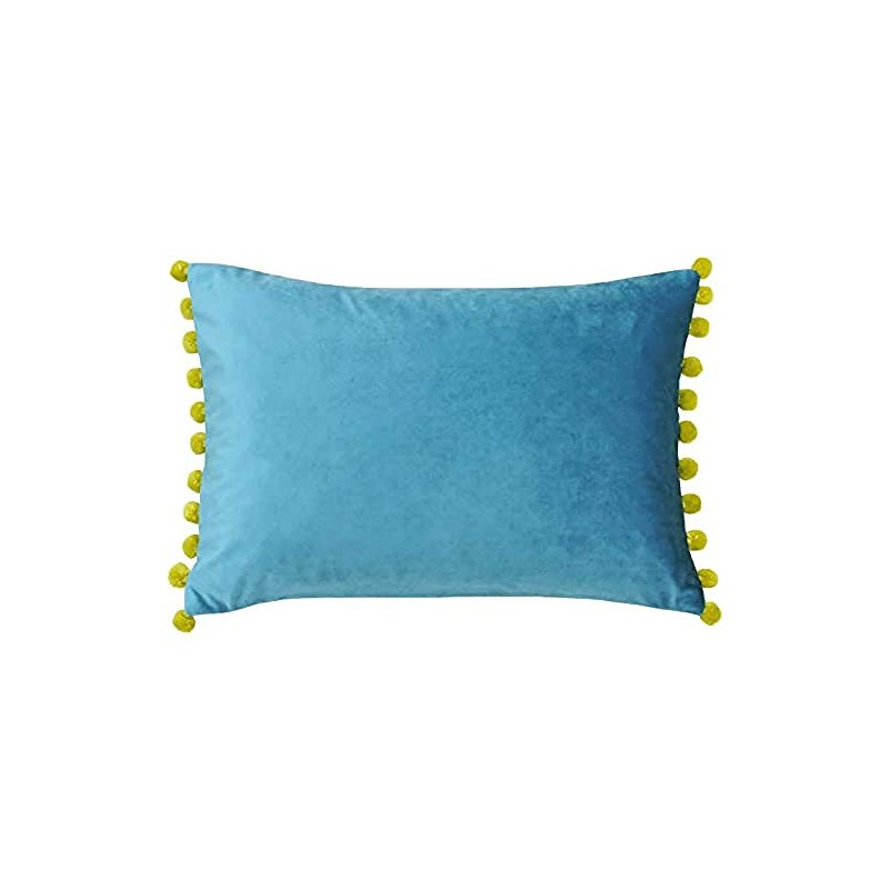 Paoletti Fiesta Teal Blue Velvet Pom Pom Rectangle Cushion Cover