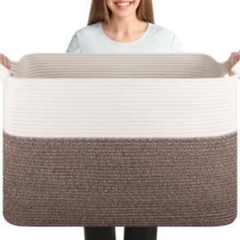 OIASKET XXXL Supre Large Blanket Basket for Clothes, Towels, Pillows, 108L Cotton Rope Storage Basket for Living Room, Supre Large Woven Toy Storage for Kids, 25" x 16" x 16", Dark Brown and White