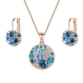 EVEVIC Austrian Crystals Round Disc Pendant Necklace Earrings for Women 14K Gold Plated Hypoallergenic Jewelry Sets (Blue Main Crystal/Rose Gold-tone)