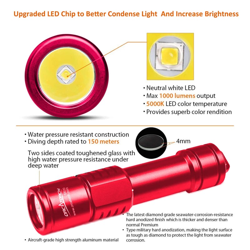 ORCATORCH D520 Scuba Dive Light 1000 Lumens Compact Diving Flashlight