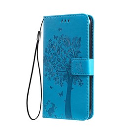 SEAHAI Case for OPPO Reno 12F 4G / OPPO Reno 12 FS 5G (Reno12 F 5G) Wallet Case, Pretty Embossed Leaves and Cat Pattern Premium PU Leather Book Style Flip Cover Shockproof Case, Blue