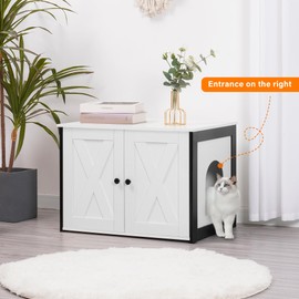 Dwanton Litter Box Enclosure, Cat Litter Box Furniture Hidden, Reversible Entrance Can Be on Left or Right Side, Wooden Cat Washroom Indoor, Fit Most of Litter Box, White