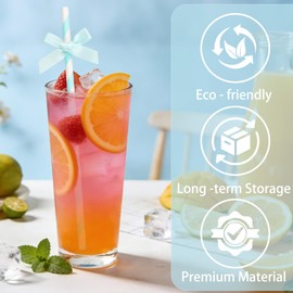 24pcs Lake Blue Bow Striped Paper Straws, Blue Bow Party Favors Disposable Striped Straw for Birthday Party,Wedding,Picnic,Party Supplies for Juice,Cocktail Straw for Milkshake Tea Smoothie