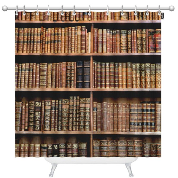 Mugod Library Shower Curtains Old Books on Wooden Shelf in