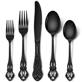 Stapava 20 Pcs Black Silverware Set, Gorgeous Retro Royal Silverware Set for 4, Stainless Steel Mirror Flatware Cutlery Set, Include Forks Spoons and Knives Set, Dishwasher Safe Utensils